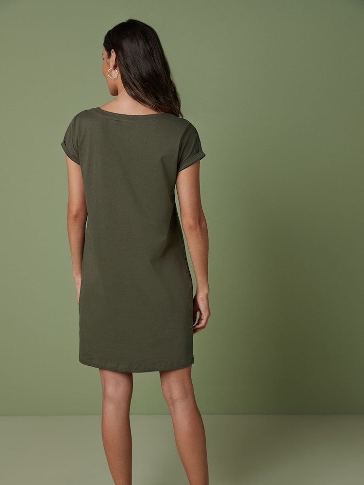 Khaki Green 100% Cotton Relaxed Capped Sleeve Tunic Dress - Image 2 of 5