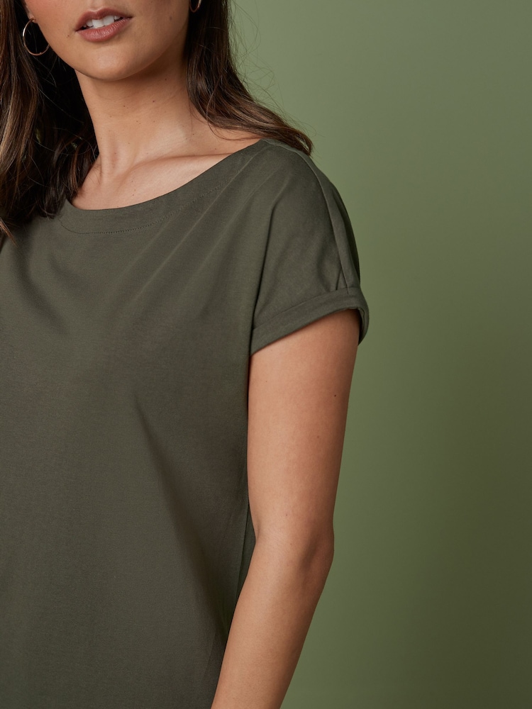 Khaki Green 100% Cotton Relaxed Capped Sleeve Tunic Dress - Image 3 of 5