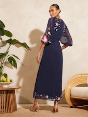 V&A | Love & Roses Navy Blue Embroidered Scallop Neck Dobby Midi Dress d - Image 3 of 4