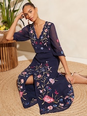 V&A | Love & Roses Navy Blue Embroidered Scallop Neck Dobby Midi Dress d - Image 4 of 4