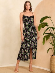 Love & Roses Black Floral Lace Trim Satin Midi Strappy Dress - Image 1 of 4