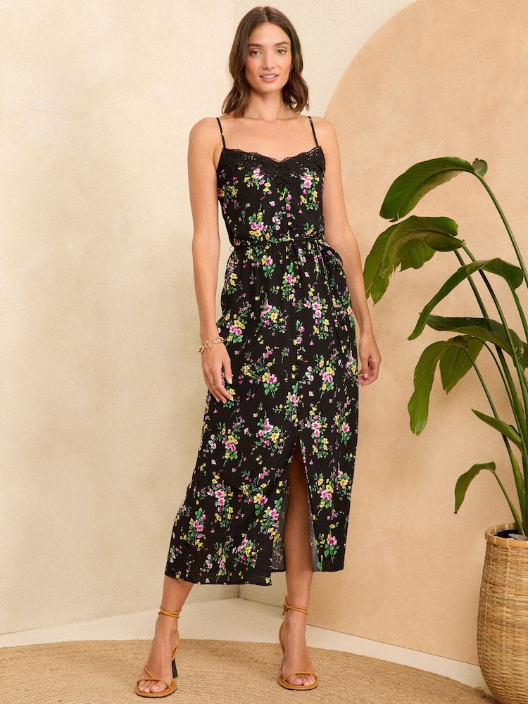 Love & Roses Black Floral Lace Trim Satin Midi Strappy Dress - Image 1 of 4