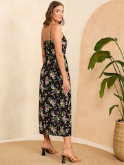 Love & Roses Black Floral Lace Trim Satin Midi Strappy Dress - Image 3 of 4