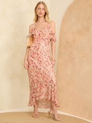 Love & Roses Pink Petite Printed Cold Shoulder Midaxi Dress - Image 1 of 4