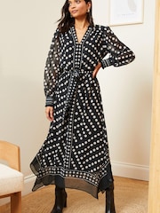 Love & Roses Black and White Polka Dot Printed V Neck Belted Long Sleeve Midi Dress - Image 1 of 4