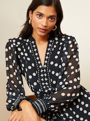 Love & Roses Black and White Polka Dot Printed V Neck Belted Long Sleeve Midi Dress - Image 2 of 4