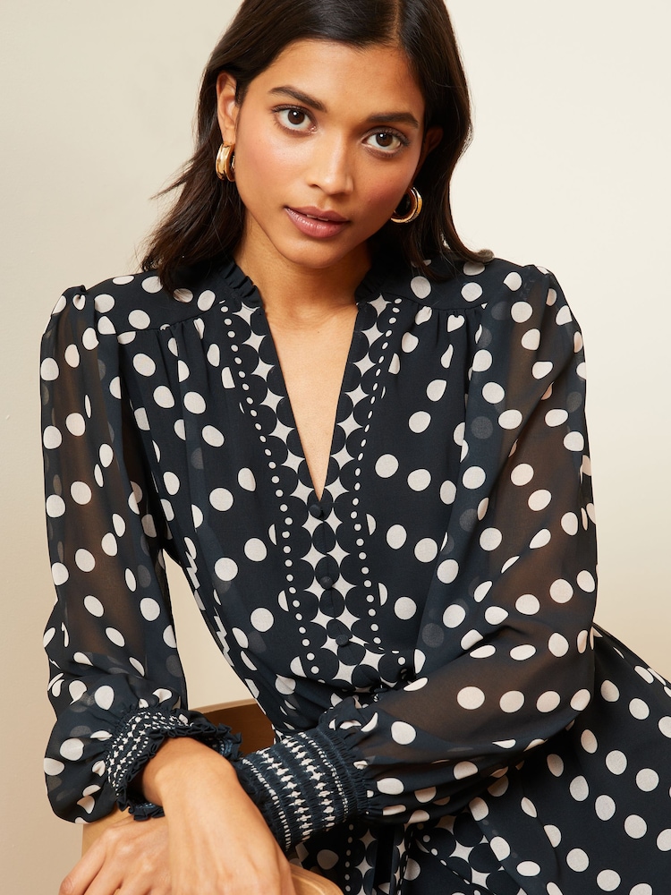 Love & Roses Black and White Polka Dot Printed V Neck Belted Long Sleeve Midi Dress - Image 2 of 4