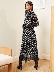 Love & Roses Black and White Polka Dot Printed V Neck Belted Long Sleeve Midi Dress - Image 3 of 4