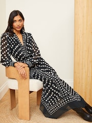 Love & Roses Black and White Polka Dot Printed V Neck Belted Long Sleeve Midi Dress - Image 4 of 4
