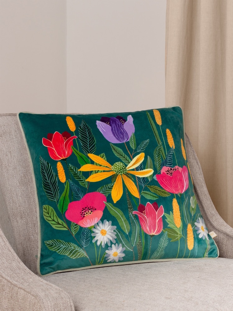 Wylder Blue House Of Bloom Celandine Floral Velvet Piped Cushion - Image 1 of 5