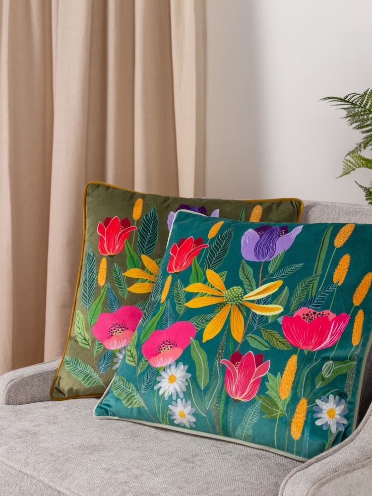 Wylder Blue House Of Bloom Celandine Floral Velvet Piped Cushion - Image 2 of 5