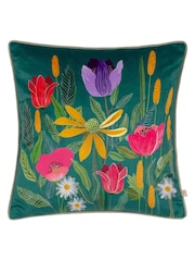 Wylder Blue House Of Bloom Celandine Floral Velvet Piped Cushion - Image 3 of 5