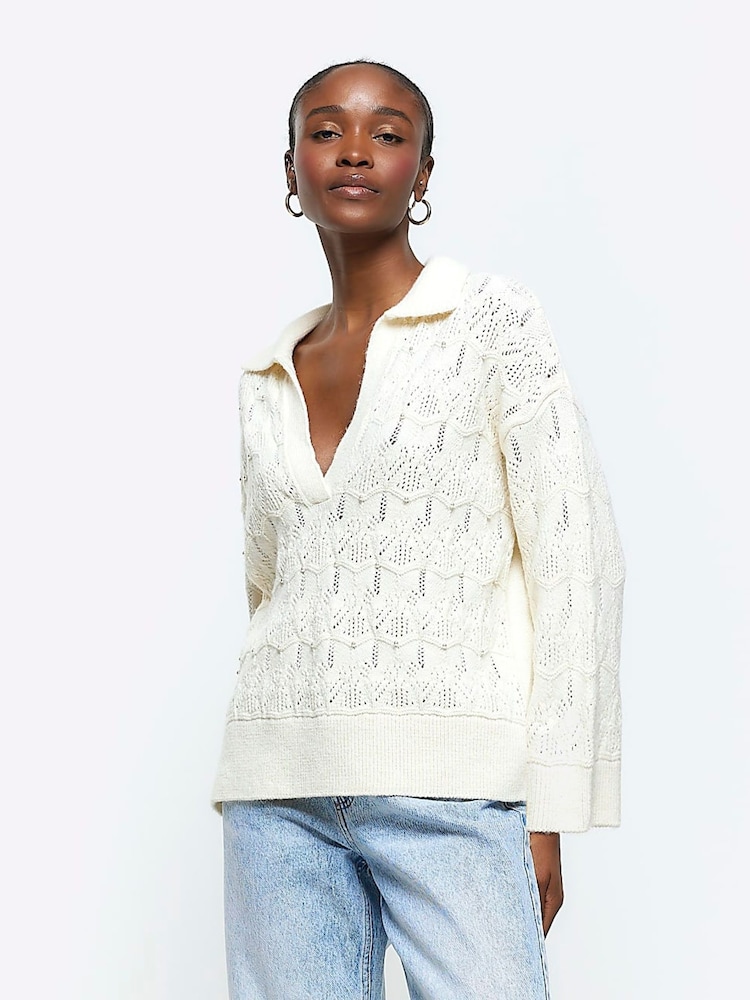 River Island Perlenbestickter Häkelpullover mit Polokragen - Bild 1 von 6