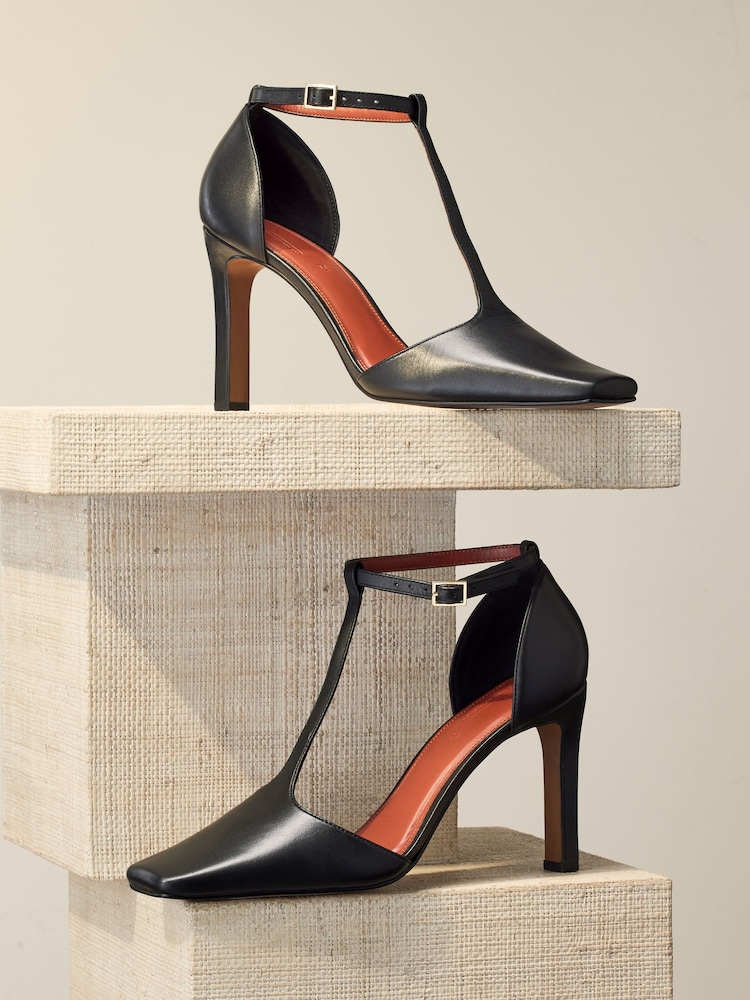 Czarny - Skórzane plecione buty na obcasie premium z kanciastymi noskami - Obraz 1 z 6