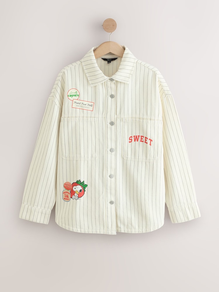 Ecru/Pink/Red Snoopy Official License Summer Strawberry Graphic Relaxed Fit Denim Shirt - Image 1 of 3