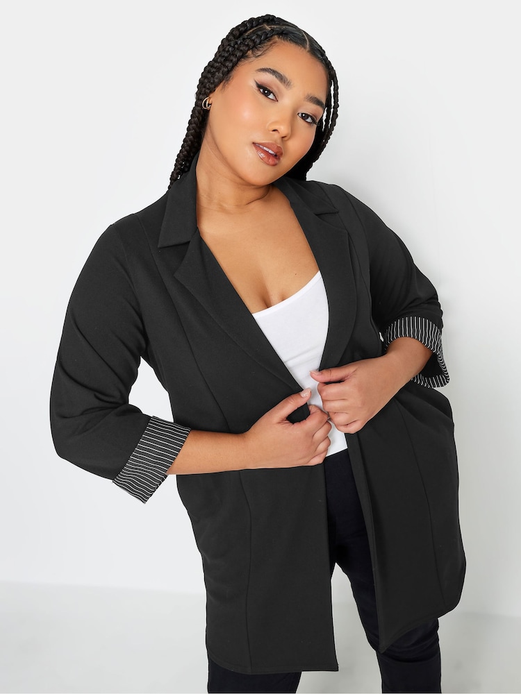 Yours Curve Black Pinstripe Turn Up Blazer - Image 1 of 4