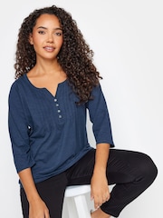 M&Co Blue 3/4 Length Sleeve Henley 100% Cotton Top - Image 1 of 4