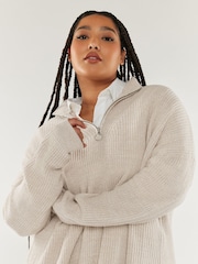 Yours Curve Cream Quarter Zip Jumper - Image 1 of 2