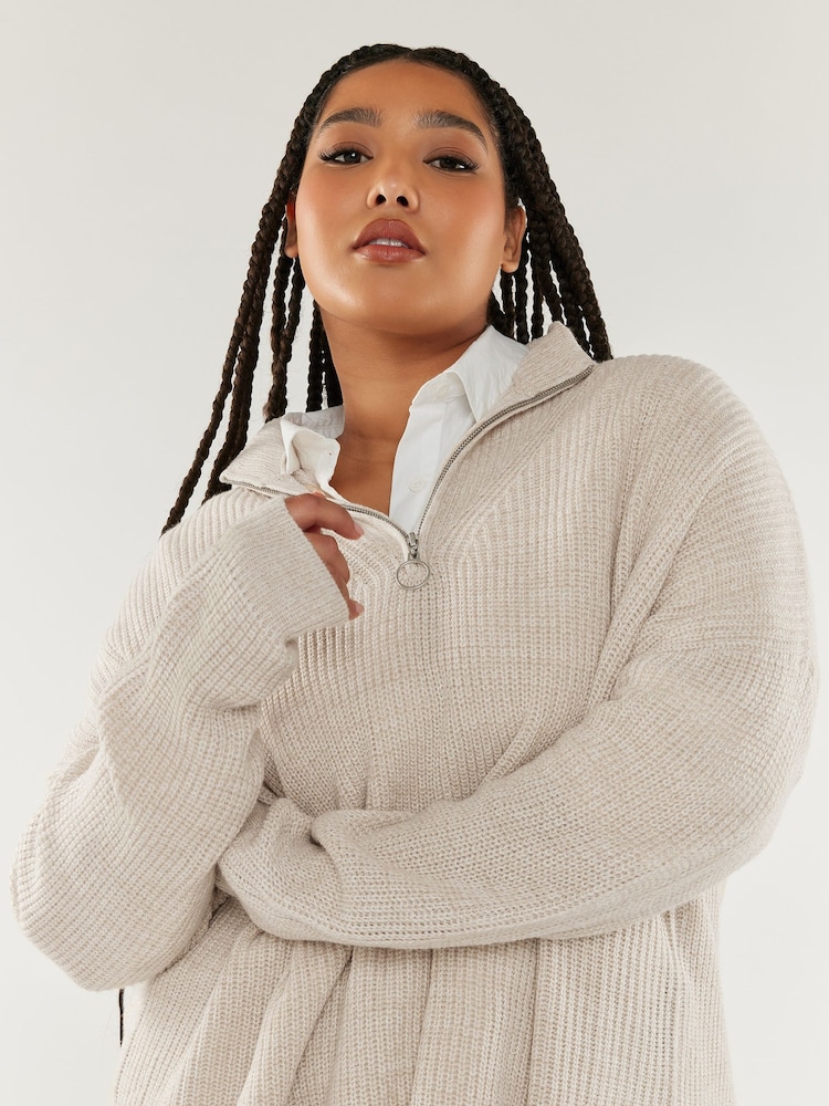 Yours Curve Cream Quarter Zip Jumper - Image 1 of 2