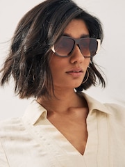 Tortoiseshell Brown Metal Inlay Flat Brow Sunglasses - Image 1 of 6