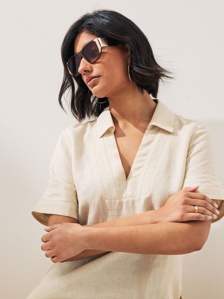 Tortoiseshell Brown Metal Inlay Flat Brow Sunglasses - Image 2 of 6