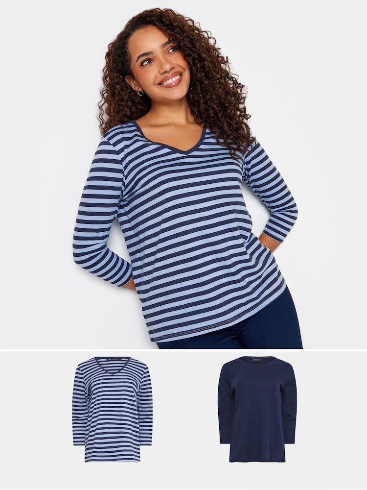 M&Co Blue 100% Cotton V-Neck Tops 2 Pack - Image 1 of 5
