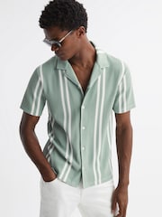 Reiss Sage/White Castle Ribbed Striped Cuban Collar Shirt - Image 1 of 4