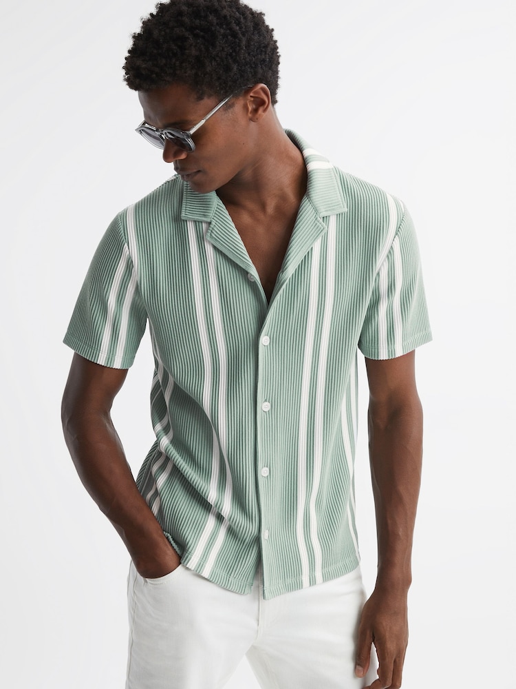 Reiss Sage/White Castle Ribbed Striped Cuban Collar Shirt - Image 1 of 4