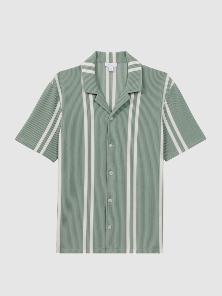 Reiss Sage/White Castle Ribbed Striped Cuban Collar Shirt - Image 2 of 4