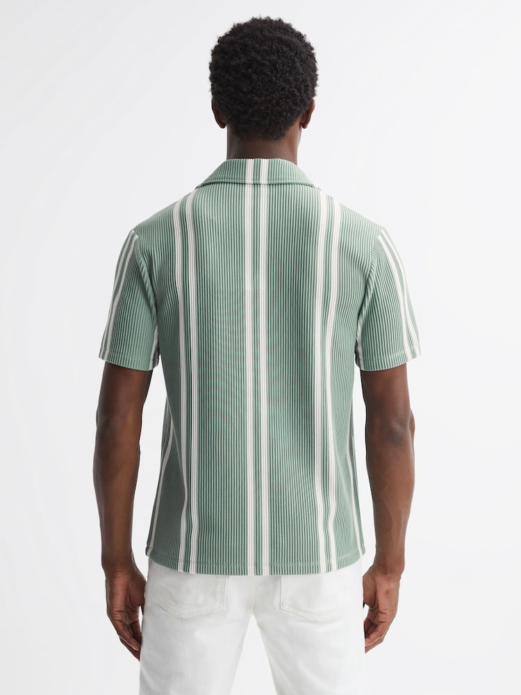 Reiss Sage/White Castle Ribbed Striped Cuban Collar Shirt - Image 4 of 4
