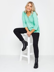 M&Co Green 3/4 Length Sleeve Henley 100% Cotton Top - Image 3 of 5