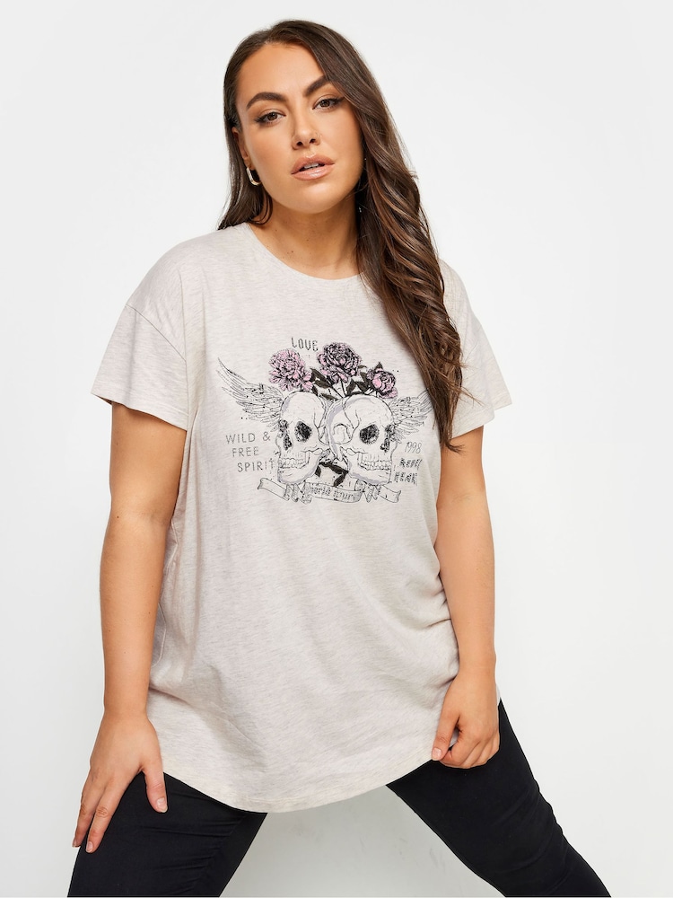 Yours Curve Natural Placement Print 100% Cotton T-Shirt - Image 1 of 4