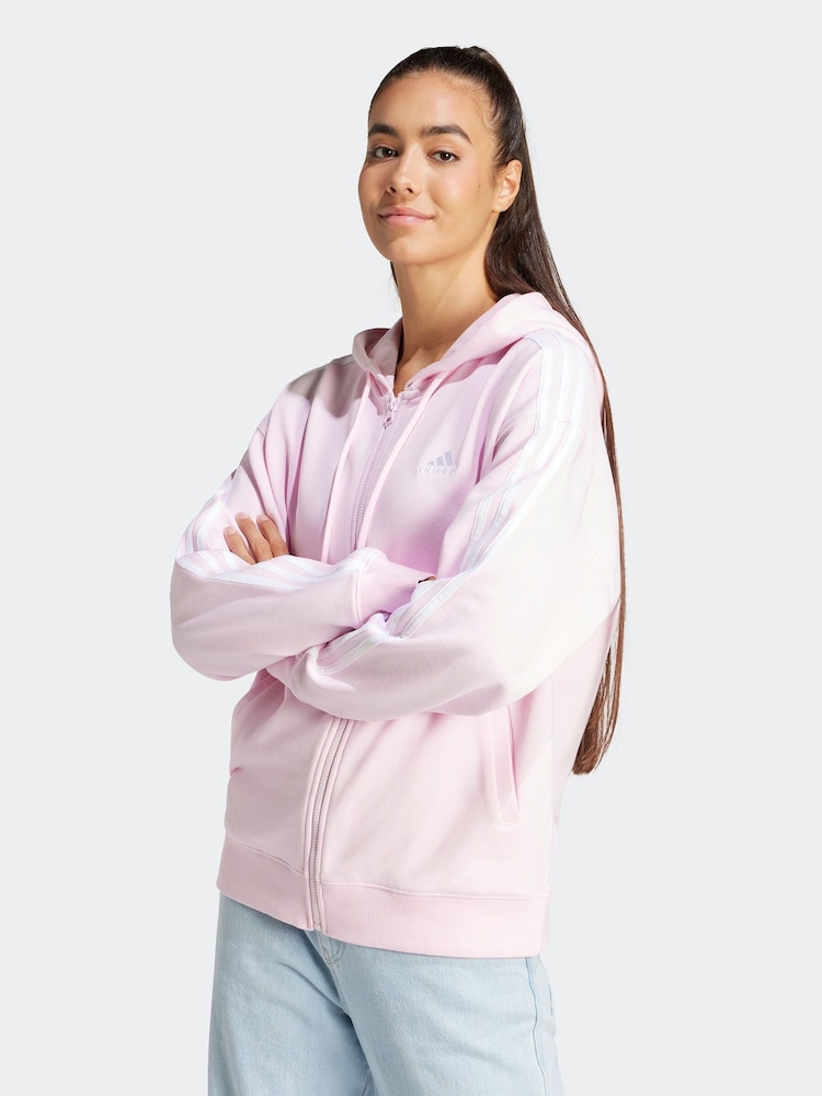 adidas Pink Sportswear Essentials 3-Stripes French Terry Oversized Full-Zip Hoodie - Image 1 of 7