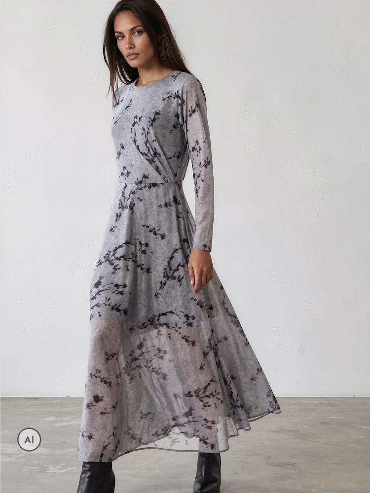 Religion Long sleeve Alice Dress with Asymmetric Drape in Light Printed Mesh - صورة 1 من 8 Religion Long sleeve Alice Dress with Asymmetric Drape in Light Printed Mesh - صورة 1 من 8