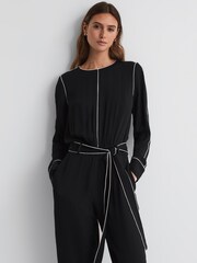 Reiss Black Esther Belted Trim Jumpsuit - Image 1 of 5