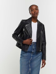 River Island Black Faux Leather Biker Jacket - Image 1 of 4