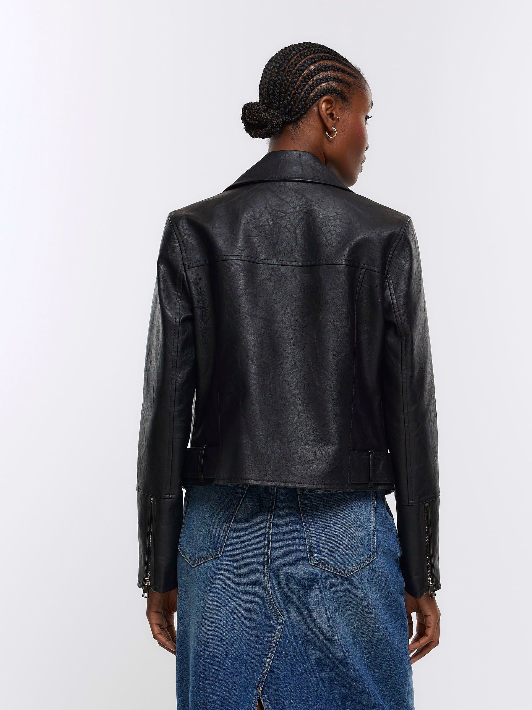River island black leather quilted biker jacket sale