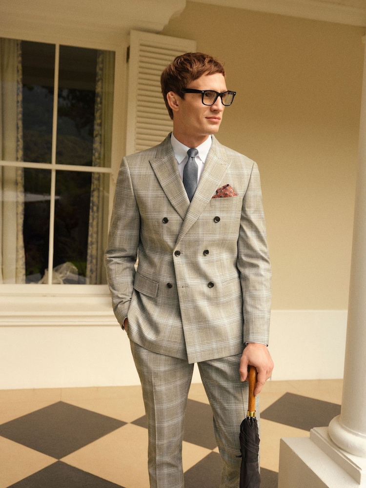 Grey Slim Fit Double Breasted Check Suit Jacket - Image 1 of 11