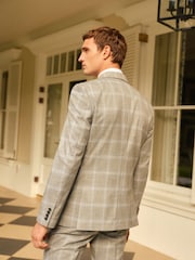 Grey Slim Fit Double Breasted Check Suit Jacket - Image 3 of 11