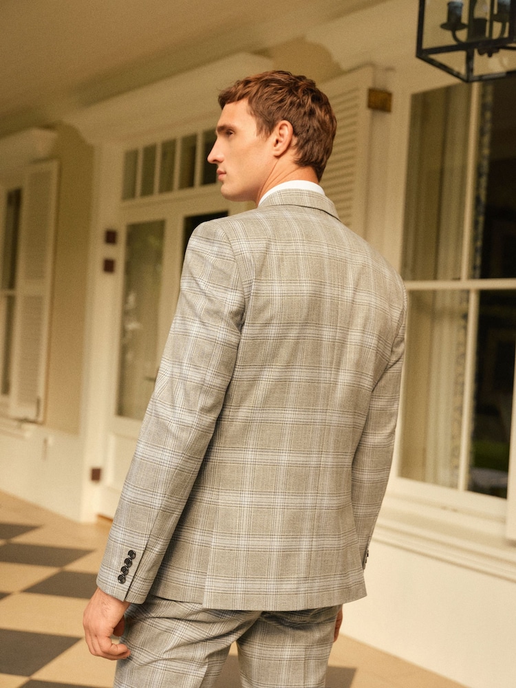 Grey Slim Fit Double Breasted Check Suit Jacket - Image 3 of 11
