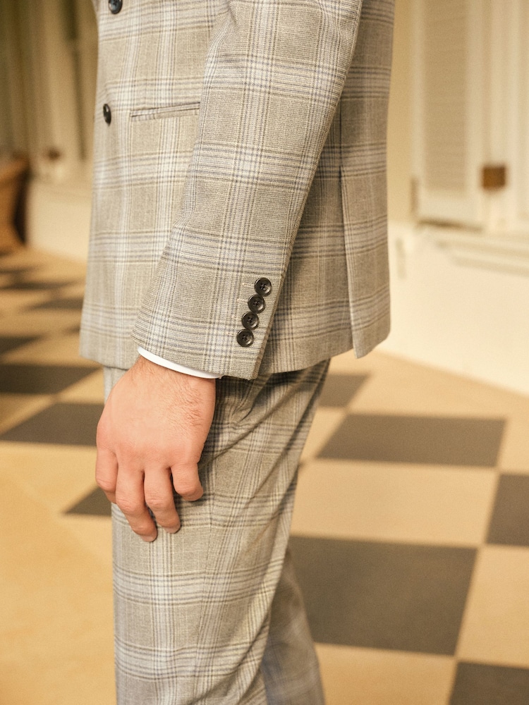 Grey Slim Fit Double Breasted Check Suit Jacket - Image 5 of 11