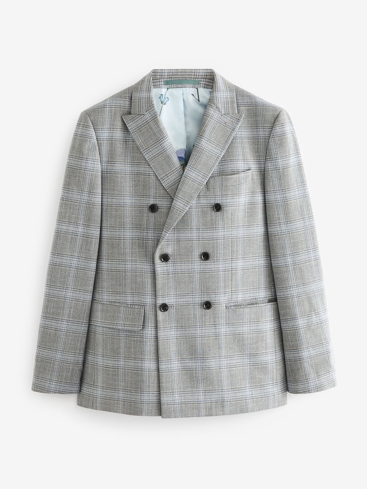 Grey Slim Fit Double Breasted Check Suit Jacket - Image 7 of 11