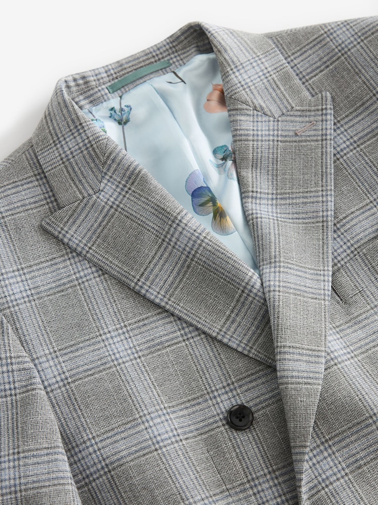 Grey Slim Fit Double Breasted Check Suit Jacket - Image 8 of 11