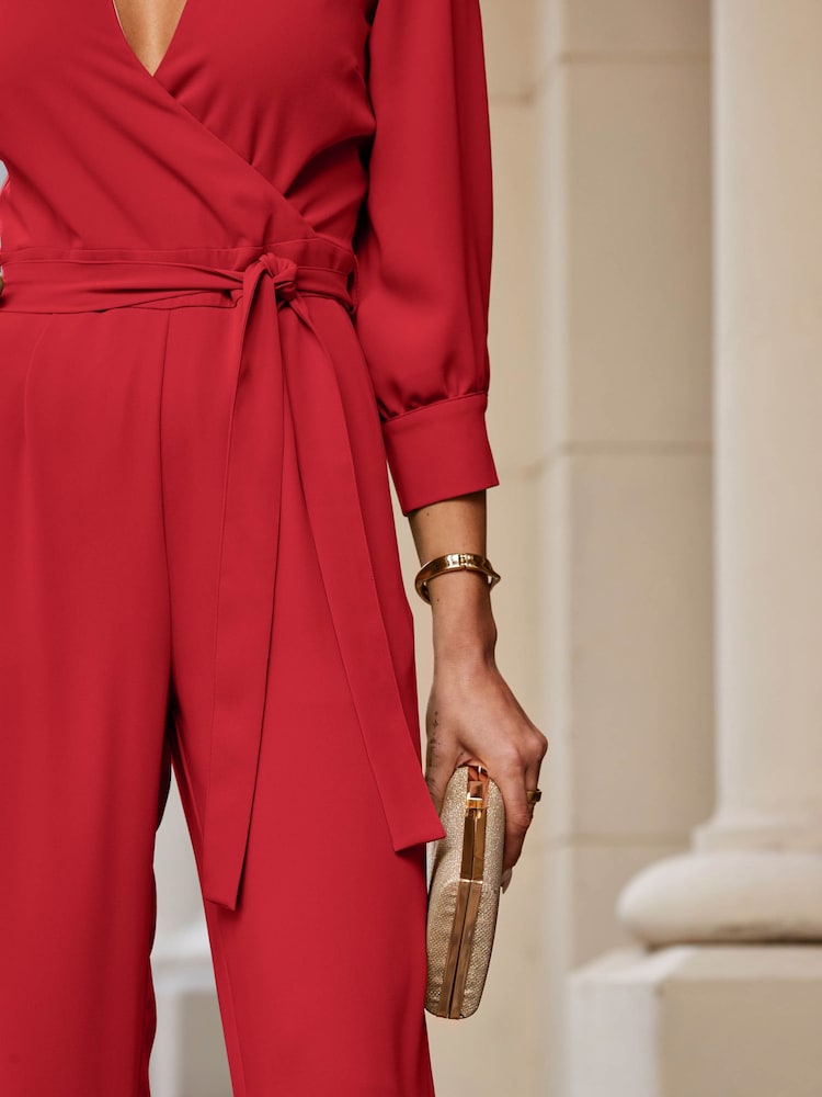 Sosandar Red Tailored Tie Waist Formal Jumpsuit - Image 5 of 5