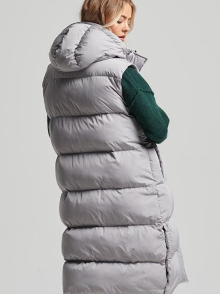 Superdry Grey Longline Hooded Padded Gilet - Image 2 of 6 Superdry Grey Longline Hooded Padded Gilet - Image 2 of 6