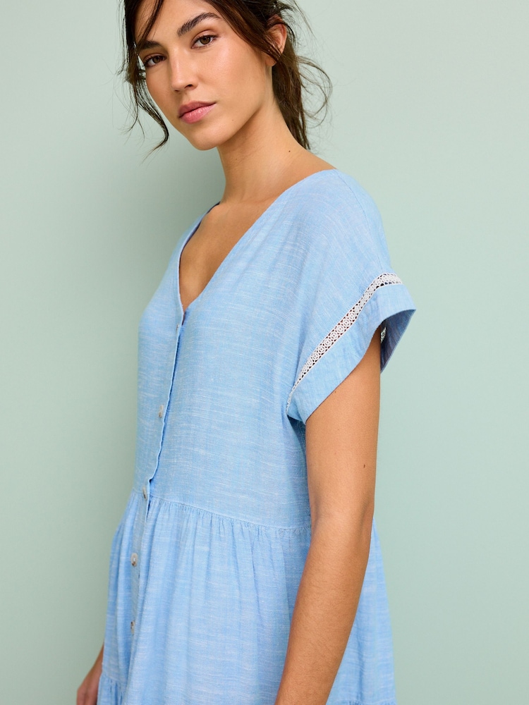 Blue Chambray Linen Blend Tiered Mini Dress - Image 4 of 4