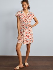 Brown Floral Twist Front Linen Blend Mini Summer Dress - Image 2 of 5