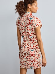 Brown Floral Twist Front Linen Blend Mini Summer Dress - Image 3 of 5