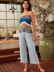 Denim Bleach Wash Raw Hem Cropped Wide Leg Jeans - Image 1 of 5