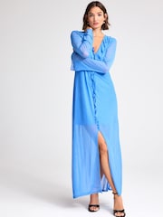 Cobalt Blue Long Sleeve Mesh Ruffle Maxi Dress - Image 1 of 6